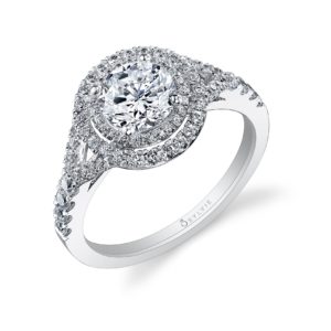 Glamorous Double-Halo Diamond Engagement Ring Double halo diamond engagement ring with a split shank
