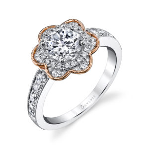 Floral Inspired Halo Engagement Ring Two-tone floral themed halo diamond engagement ring