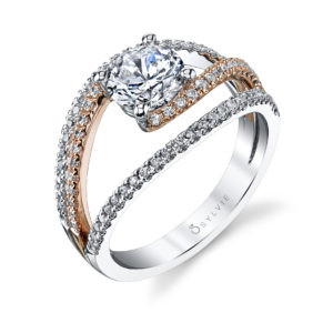 Floating Style Engagement Ring With Two Tone Accent Two tone diamond engagement ring with a unique sweeping shank