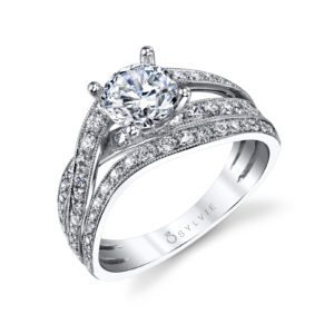 Weaving Diamonds Engagement Ring Four prong diamond engagement ring with a tri-split weaving milgrain accented shank