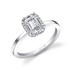 Classic Emerald Shiny Shank Engagement Ring Simple halo style diamond engagement ring with an emerald cut center stone