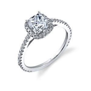 Cushion Cut Diamond Halo Engagement Ring Halo style, cushion cut diamond engagement ring with a single row of accent diamonds