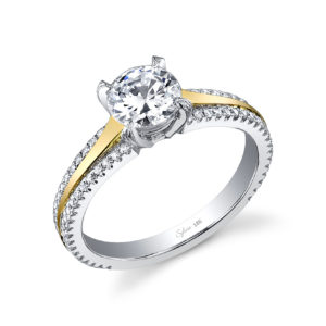 Modern Round Brilliant Unique Engagement Ring Four prong two-tone diamond engagement ring with diamond accents