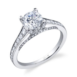 Classic Round Brilliant Unique Prong Diamond Engagement Ring Four prong diamond engagement ring with tapered diamond accented shank