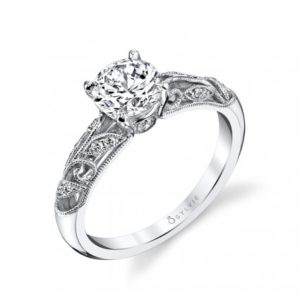 Vintage Inspired Designer Engagement Ring Vintage styled diamond engagement ring with a floral milgrain accented shank