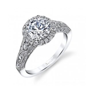 Designer Antique Inspired Halo Diamond Engagement Ring Vintage style, milgrain accented halo diamond engagement ring