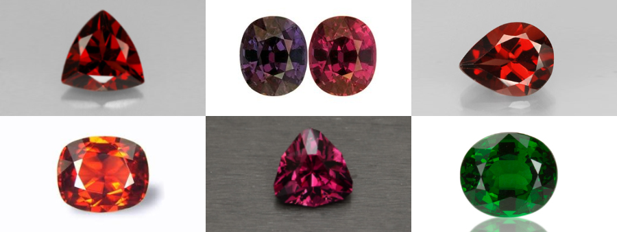 Collage of Pyrope Garnet, color changing garnet, Almandine Garnet, Spessarite Garnet and Tsavorite Garnet